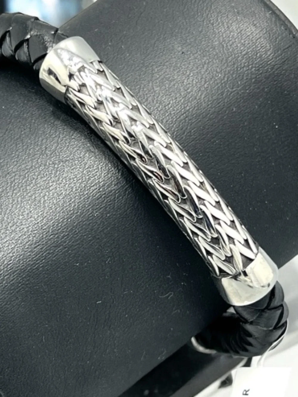 LEGACY for MEN by Simone I. Smith Black Leather Bracelet in Stainless Steel. NWT